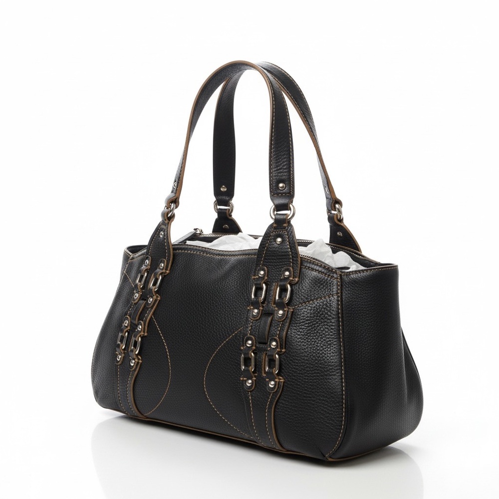 Cole Haan Village F05 Black  Pebbled Leather Satchel/Purse with Silver Details